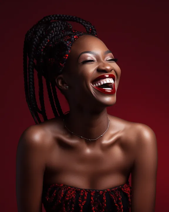 Laughing Black woman iin redback ground